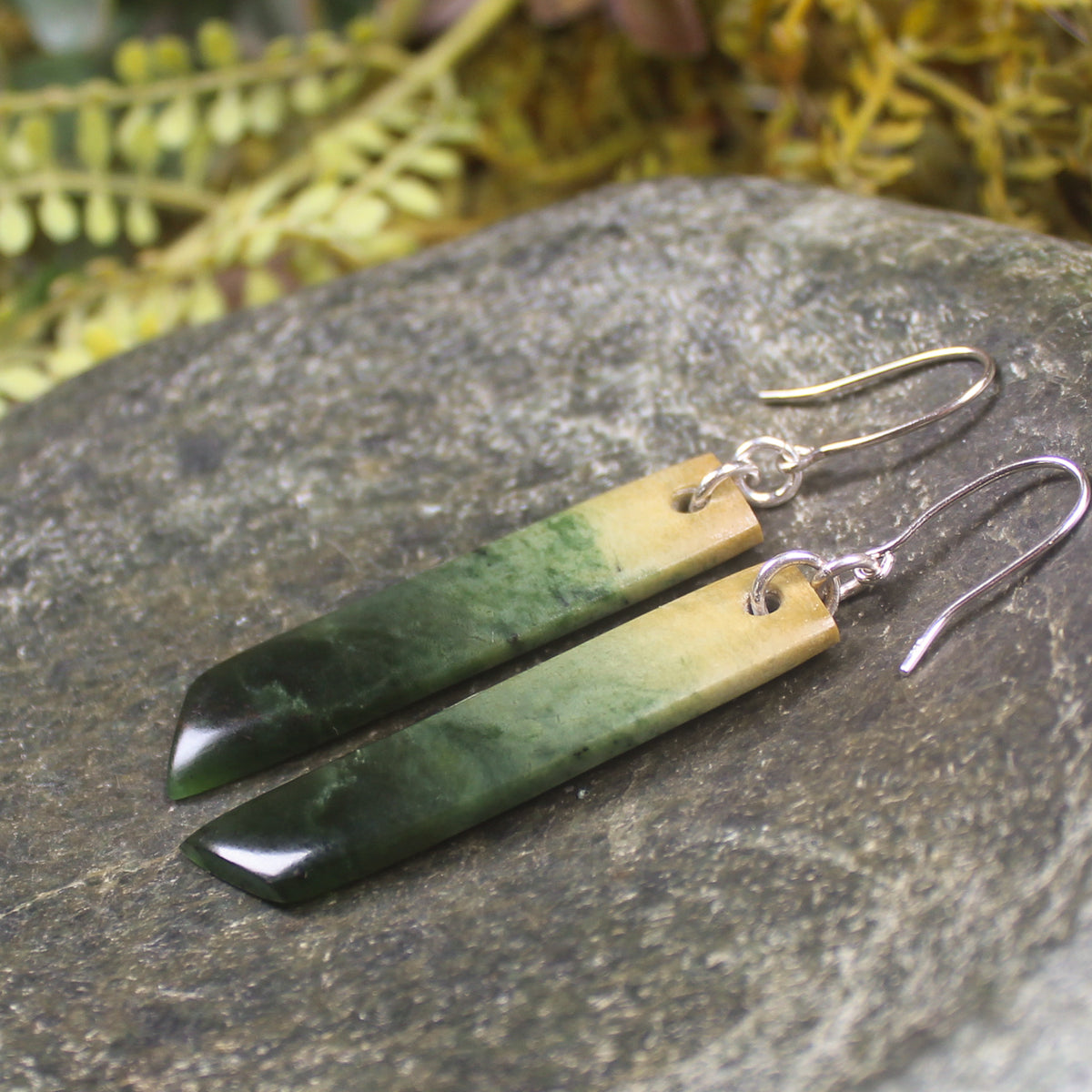 Roimata or Teardrop earrings carved from Flower Jade Pounamu - NZ Greenstone