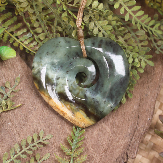 Heart with Koru carved from Flower Jade Pounamu - NZ Greenstone