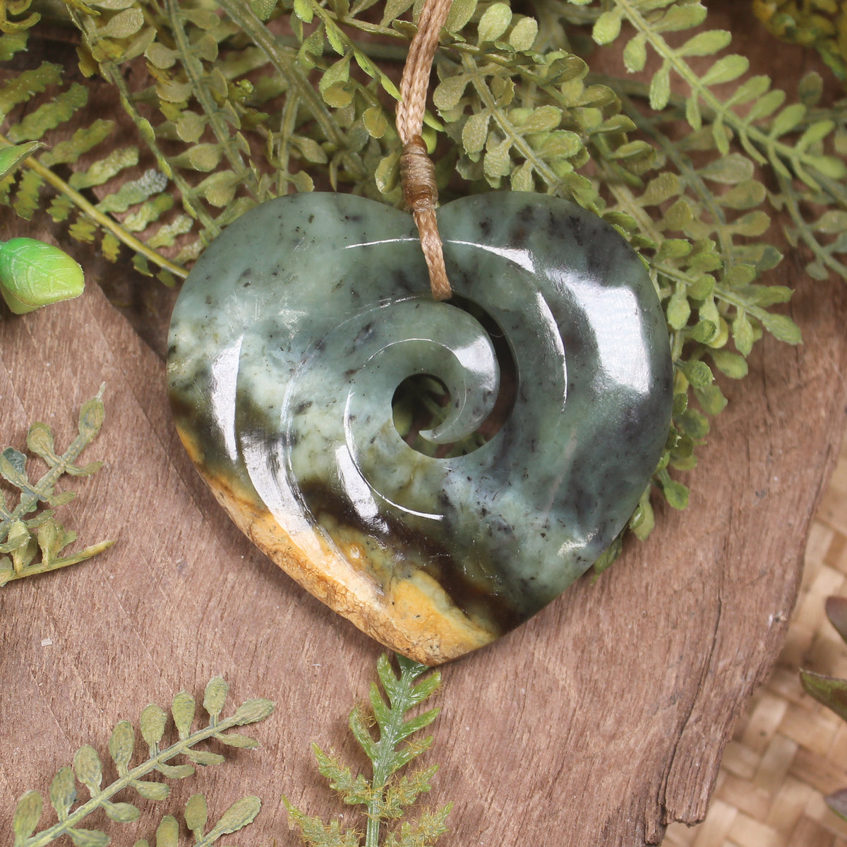 Heart with Koru carved from Flower Jade Pounamu - NZ Greenstone
