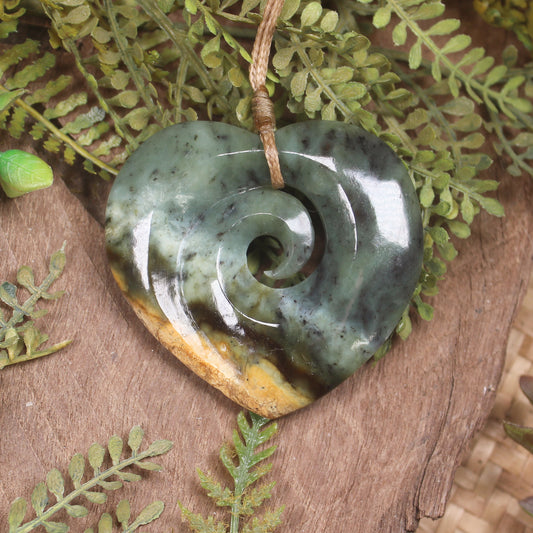 Heart with Koru carved from Flower Jade Pounamu - NZ Greenstone