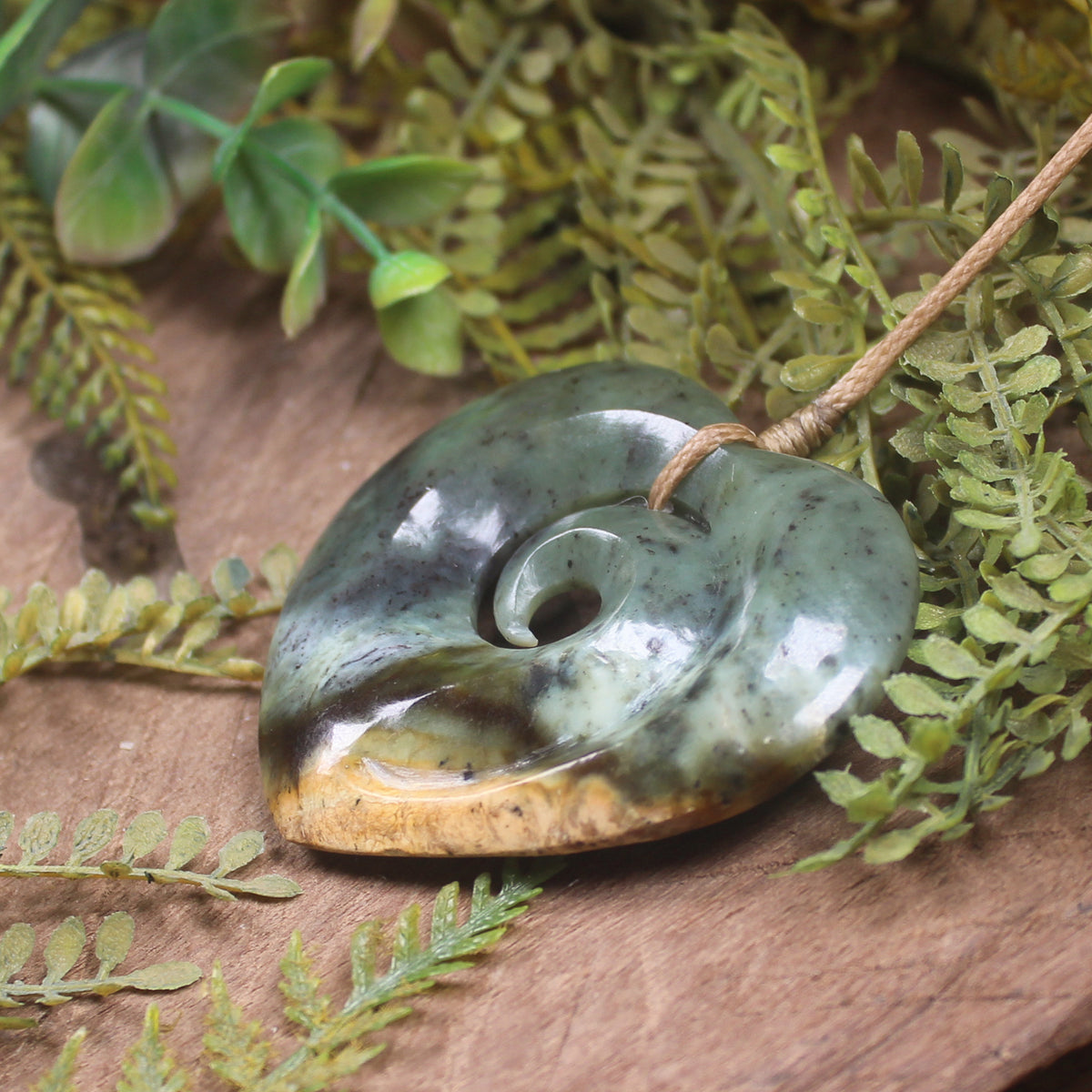 Heart with Koru carved from Flower Jade Pounamu - NZ Greenstone