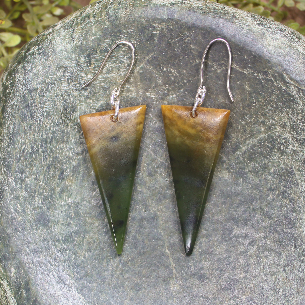 Roimata or Teardrop earrings carved from Flower Jade Pounamu - NZ Greenstone