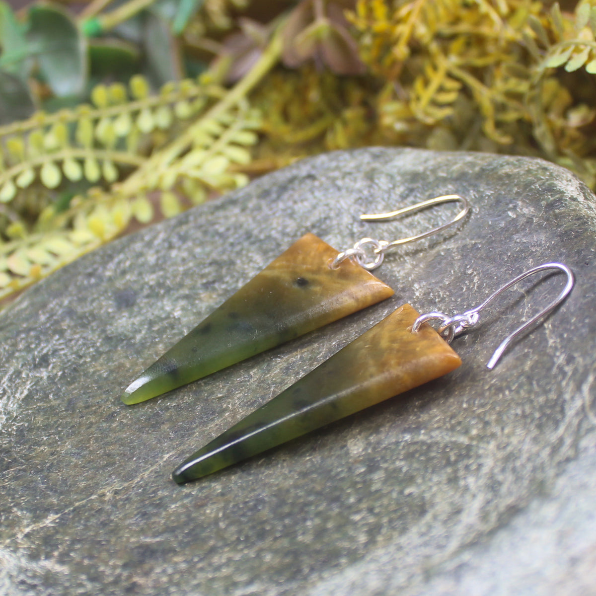 Roimata or Teardrop earrings carved from Flower Jade Pounamu - NZ Greenstone