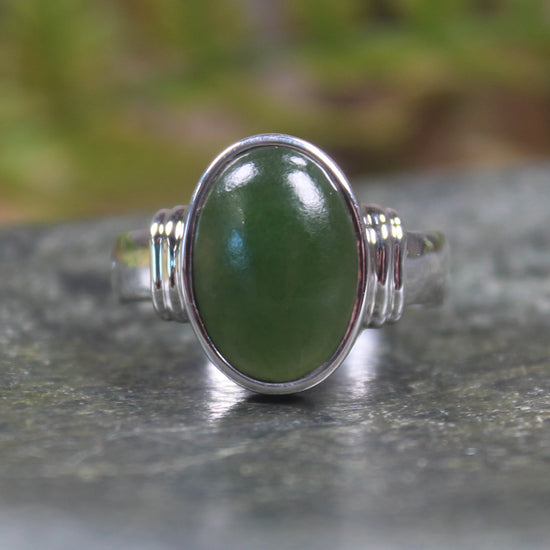 Sterling Silver Kawakawa Pounamu Ring - NZ Greenstone