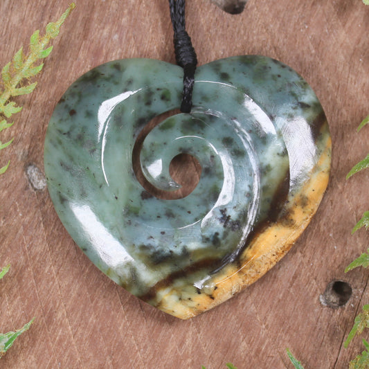 Heart with Koru carved from Flower Jade Pounamu - NZ Greenstone