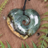 Heart with Koru carved from Flower Jade Pounamu - NZ Greenstone