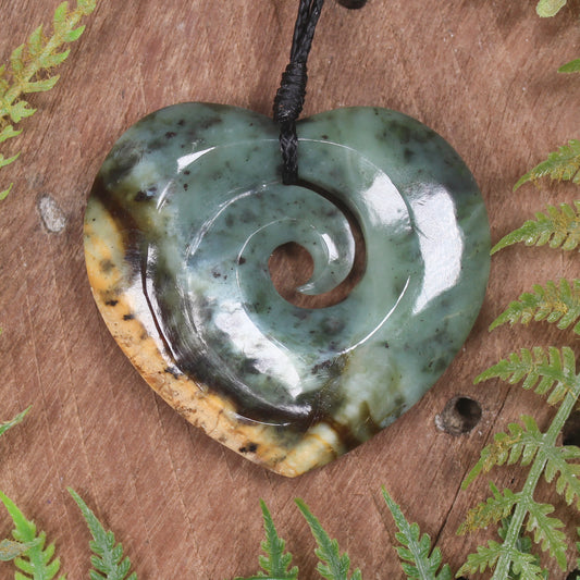 Heart with Koru carved from Flower Jade Pounamu - NZ Greenstone