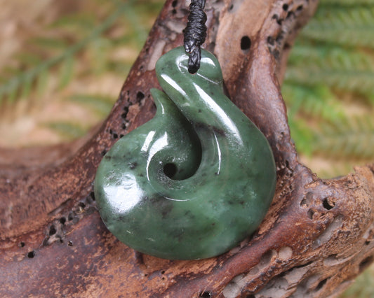 Hei Matau or Fish Hook carved from Hapopo Pounamu - NZ Greenstone