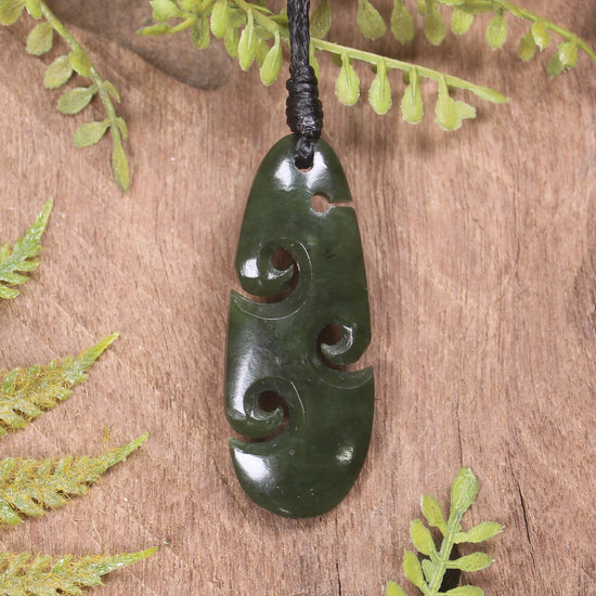 Roimata or Teardop with Koru carved from Rimu Pounamu - NZ Greenstone