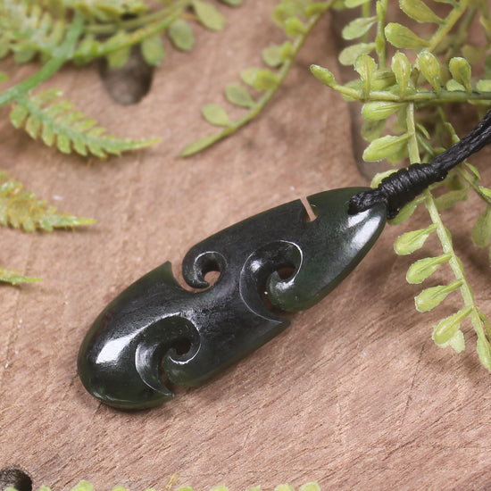 Roimata or Teardop with Koru carved from Rimu Pounamu - NZ Greenstone
