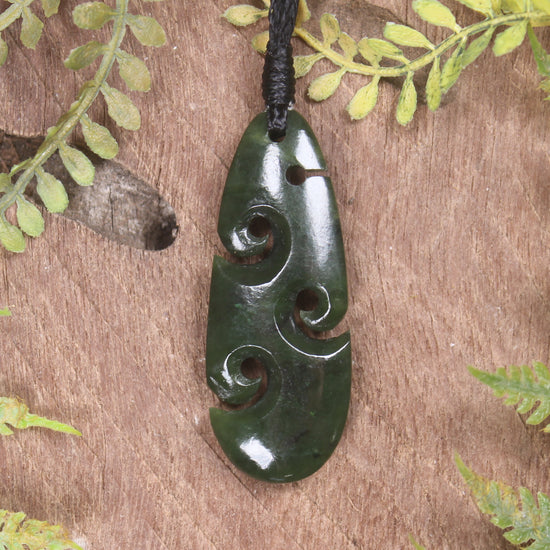 Roimata or Teardop with Koru carved from Rimu Pounamu - NZ Greenstone