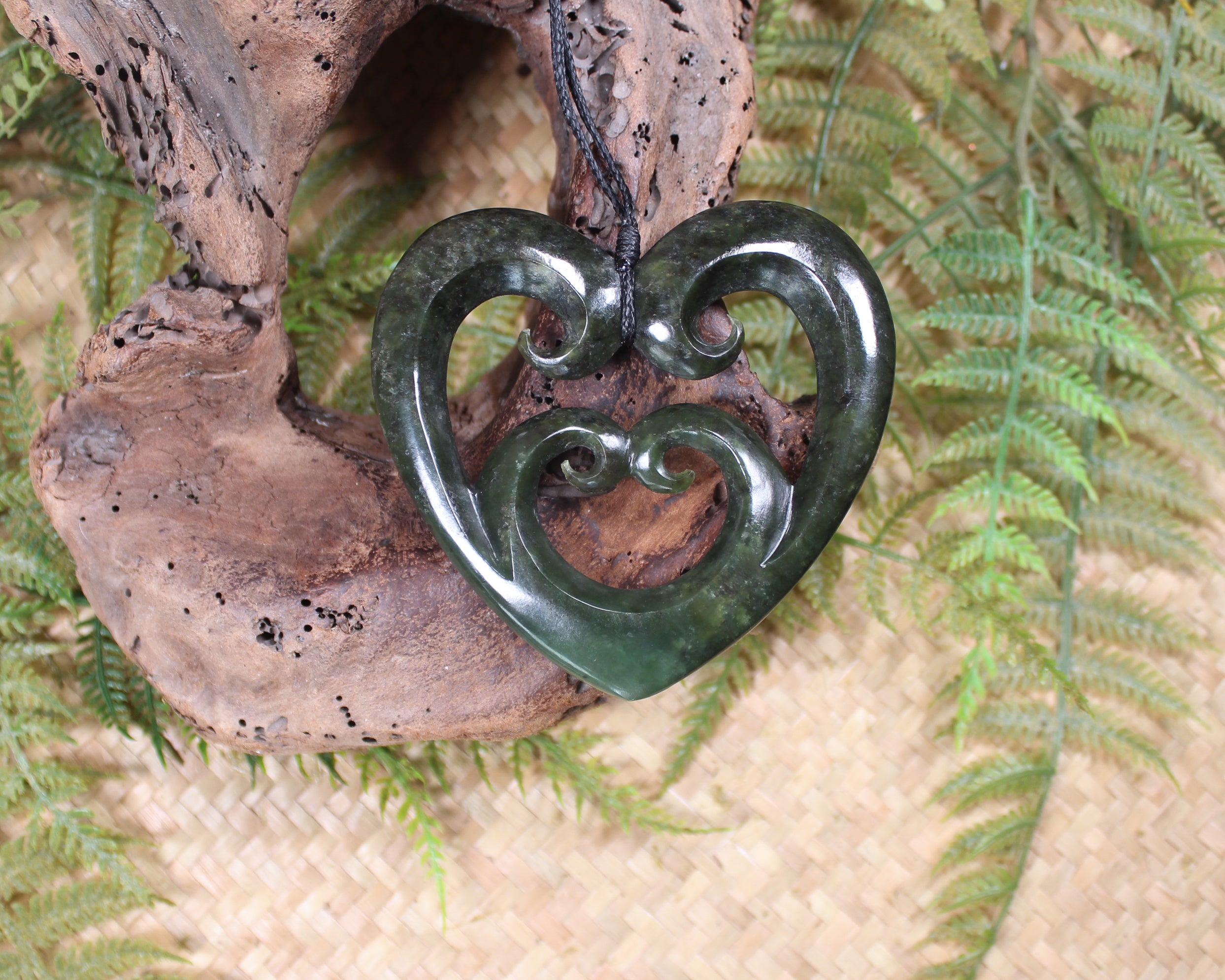 Heart with Koru carved from Rimu Pounamu - NZ Greenstone