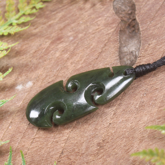 Roimata or Teardop with Koru carved from Kawakawa Pounamu - NZ Greenstone