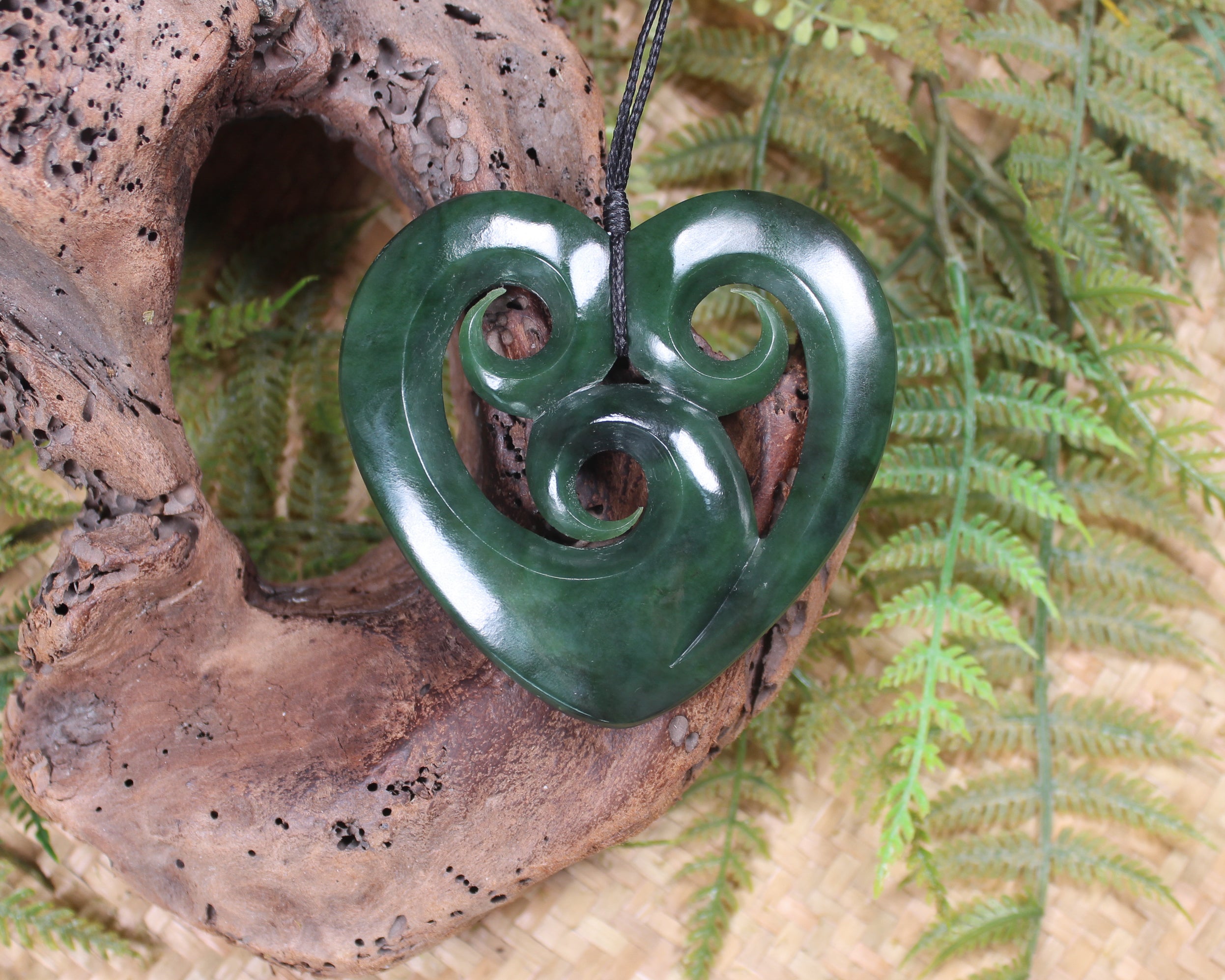 Heart with Koru carved from Kawakawa Pounamu - NZ Greenstone