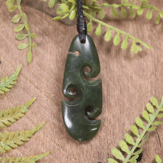 Roimata or Teardop with Koru carved from Rimu Pounamu - NZ Greenstone