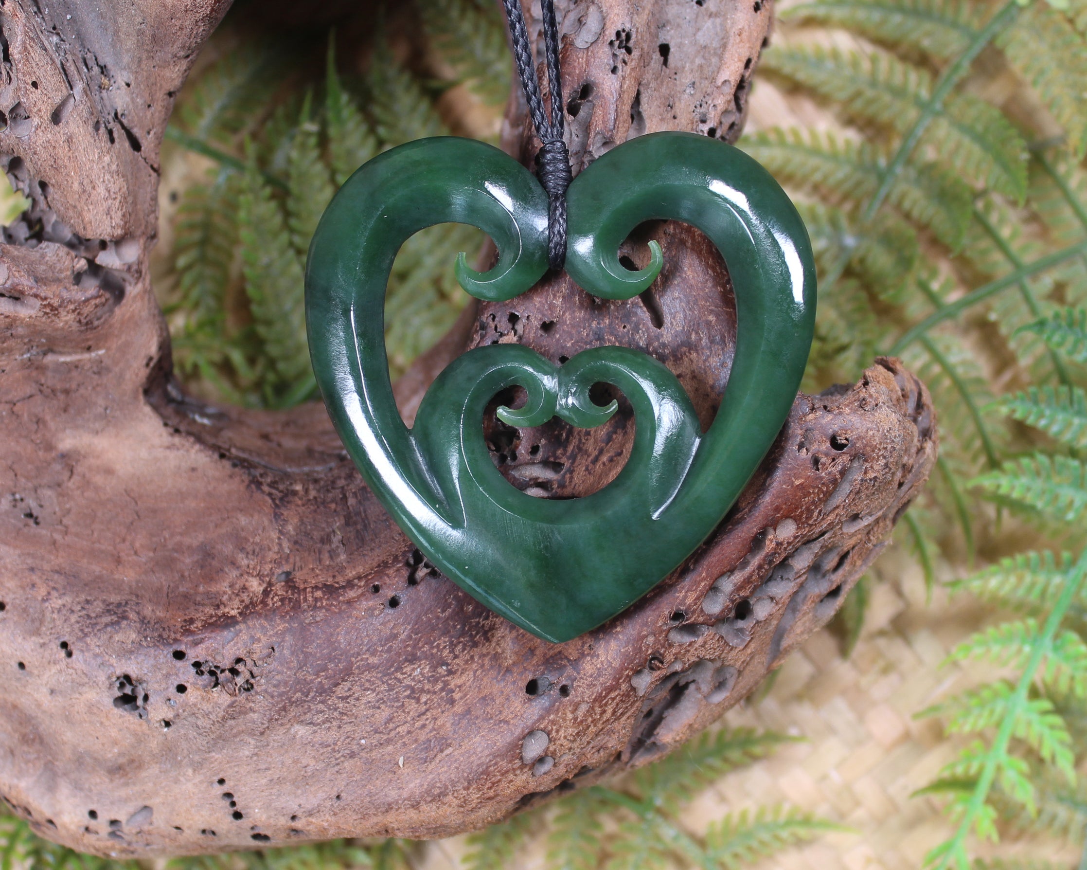 Heart with Koru carved from Kawakawa Pounamu - NZ Greenstone