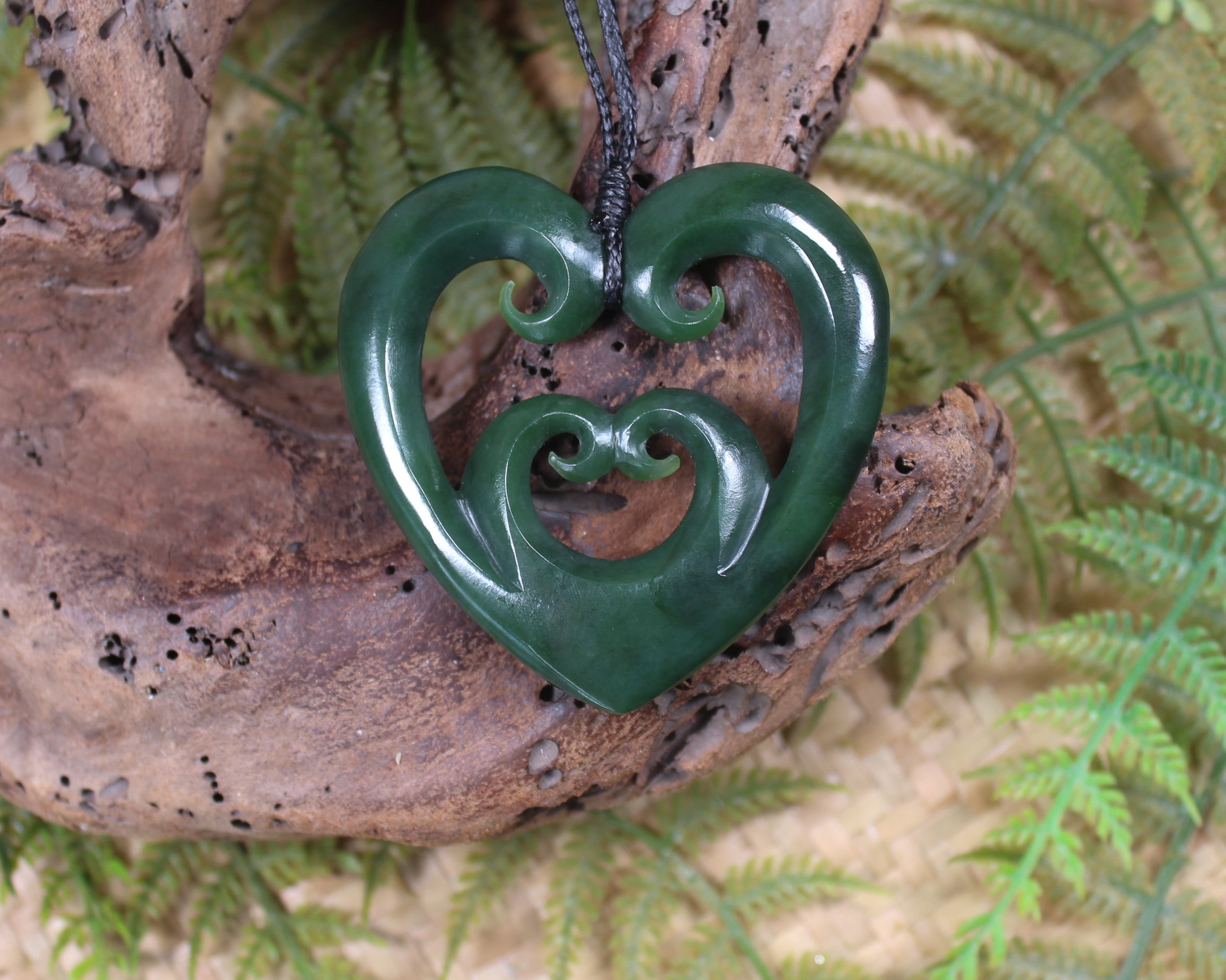 Heart with Koru carved from Kawakawa Pounamu - NZ Greenstone