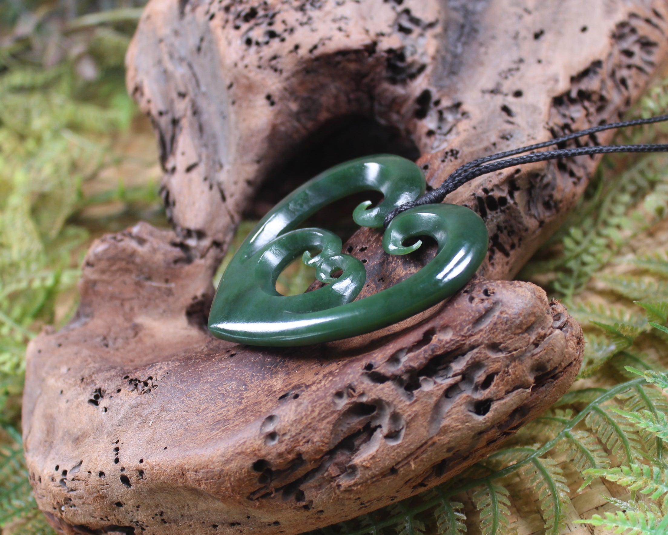 Heart with Koru carved from Kawakawa Pounamu - NZ Greenstone