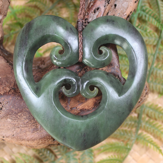 Heart with Koru carved from Hapopo Pounamu - NZ Greenstone