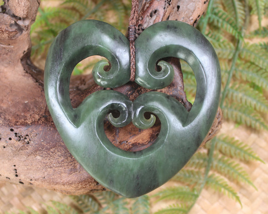 Heart with Koru carved from Hapopo Pounamu - NZ Greenstone
