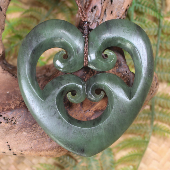 Heart with Koru carved from Hapopo Pounamu - NZ Greenstone