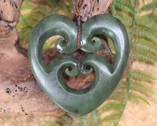 Heart with Koru carved from Hapopo Pounamu - NZ Greenstone
