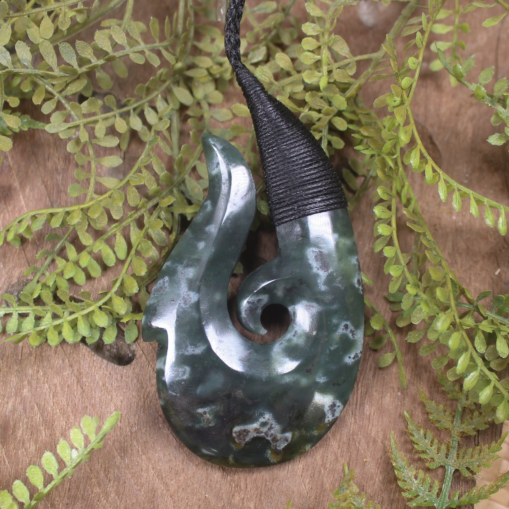 Hei Matau or Fish Hook carved from Rimu Pounamu - NZ Greenstone