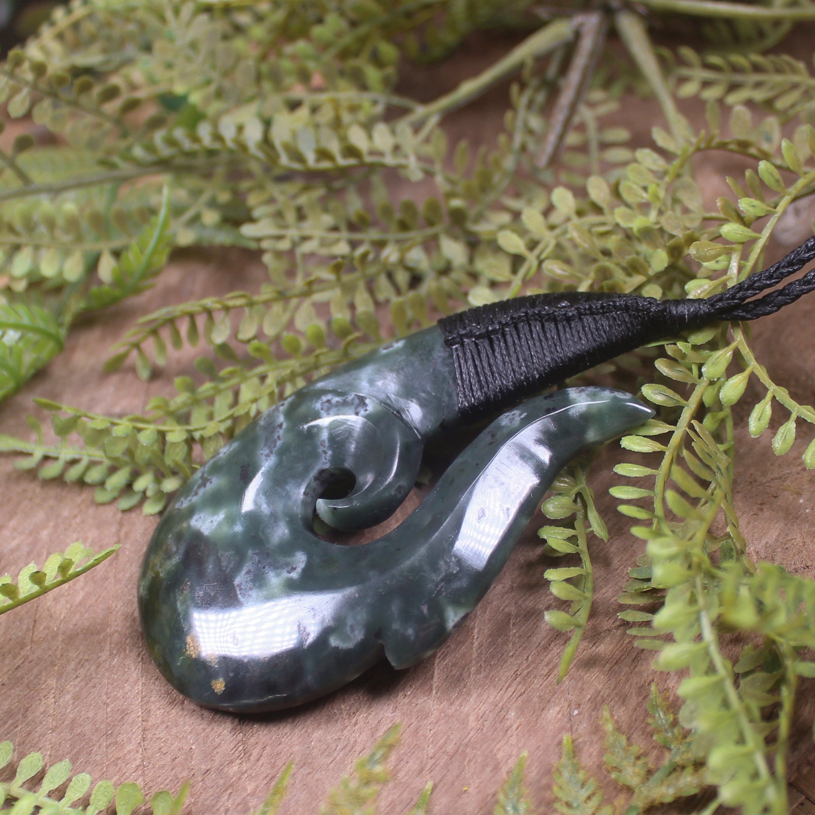 Hei Matau or Fish Hook carved from Rimu Pounamu - NZ Greenstone