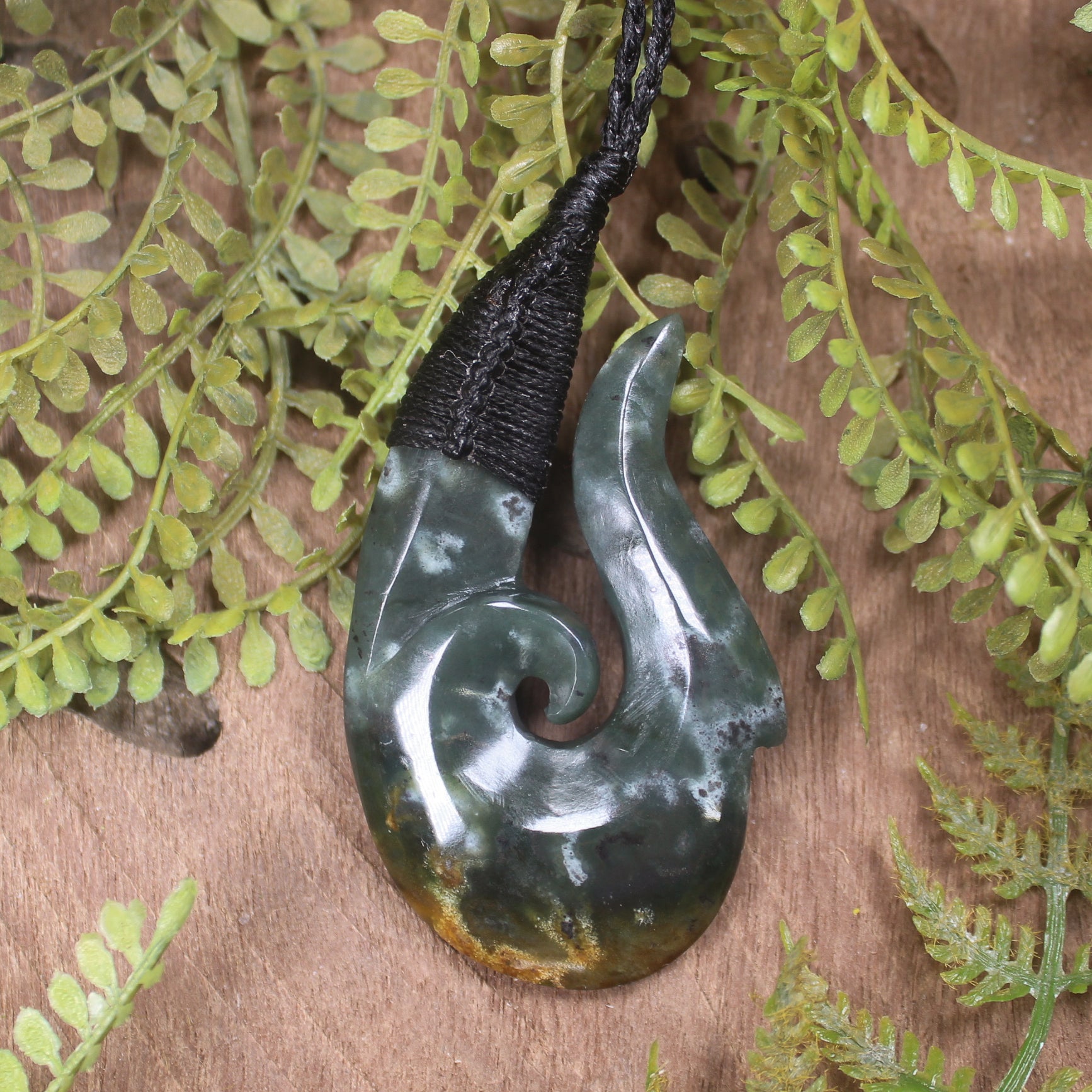 Hei Matau or Fish Hook carved from Rimu Pounamu - NZ Greenstone