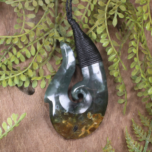 Hei Matau or Fish Hook carved from Rimu Pounamu - NZ Greenstone