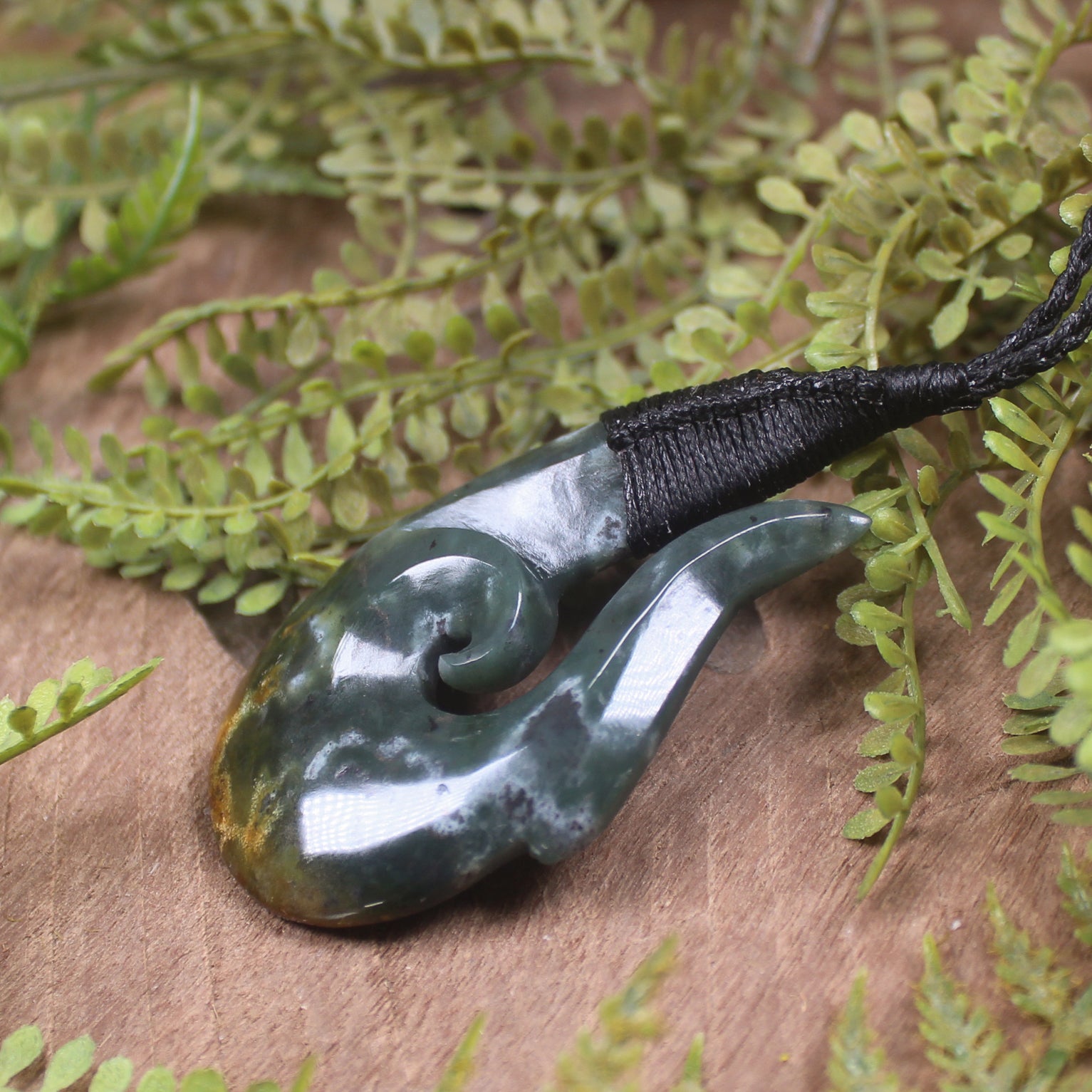 Hei Matau or Fish Hook carved from Rimu Pounamu - NZ Greenstone