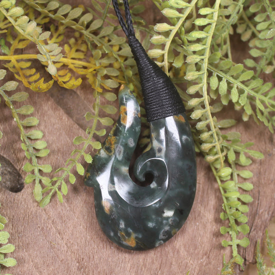 Hei Matau or Fish Hook carved from Rimu Pounamu - NZ Greenstone