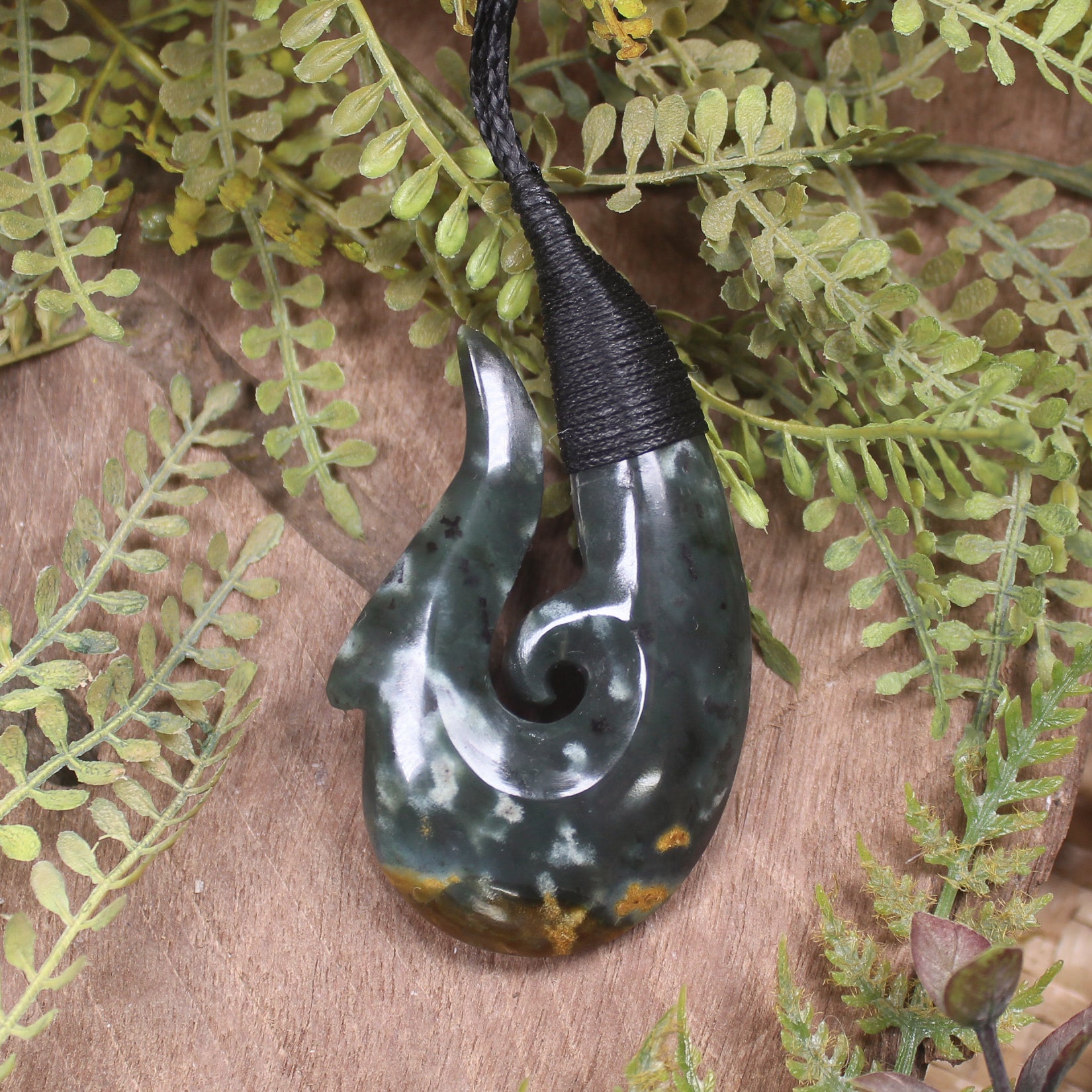 Hei Matau or Fish Hook carved from Rimu Pounamu - NZ Greenstone