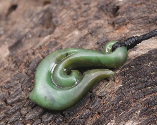 Hei Matau or Fish Hook carved from Hapopo Pounamu - NZ Greenstone