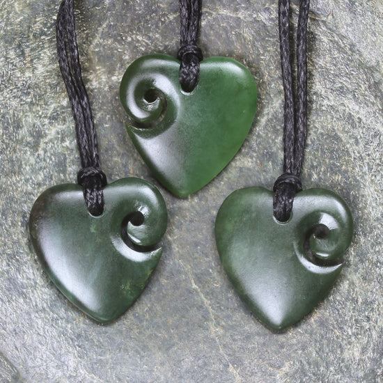 Heart with Koru carved from Kawakawa Pounamu - NZ Greenstone