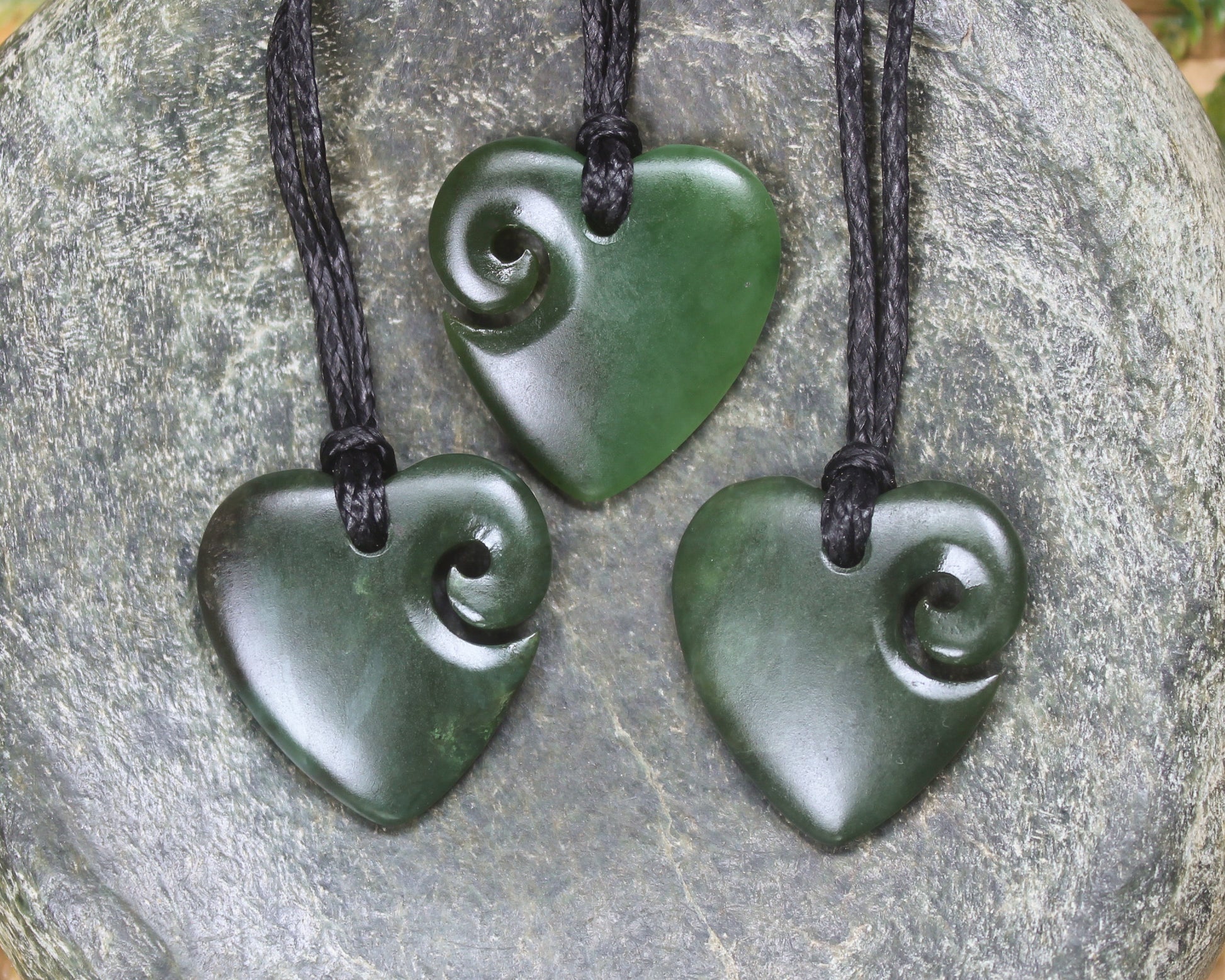 Heart with Koru carved from Kawakawa Pounamu - NZ Greenstone