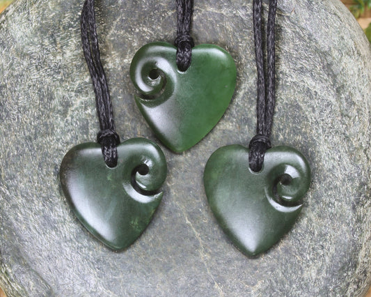 Heart with Koru carved from Kawakawa Pounamu - NZ Greenstone