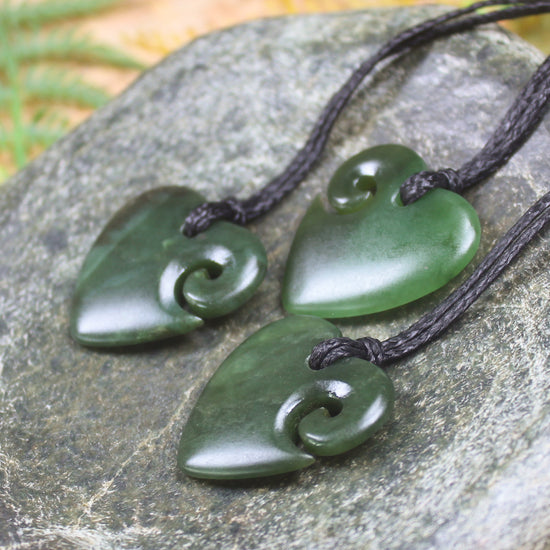 Heart with Koru carved from Kawakawa Pounamu - NZ Greenstone