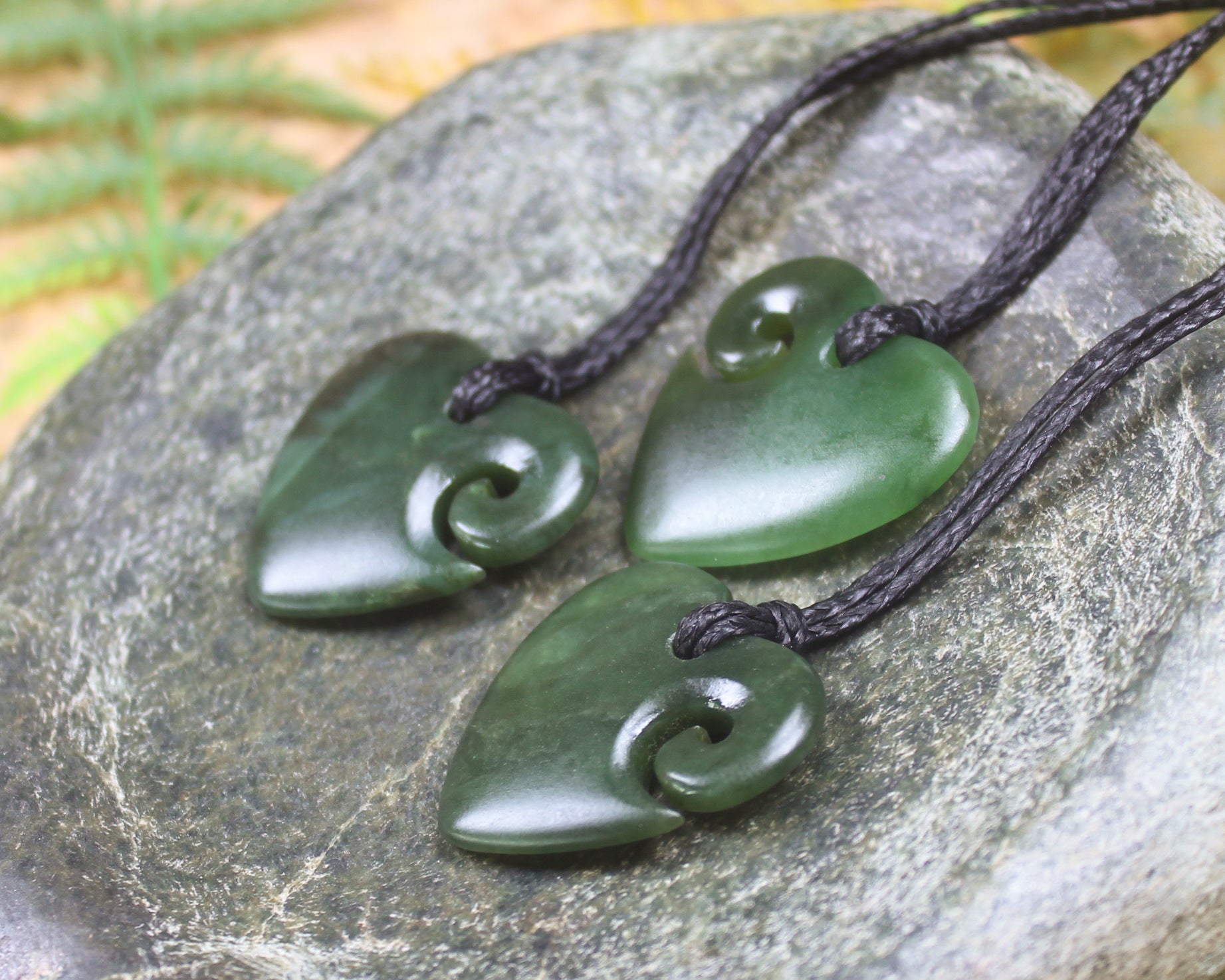 Heart with Koru carved from Kawakawa Pounamu - NZ Greenstone