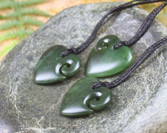 Heart with Koru carved from Kawakawa Pounamu - NZ Greenstone