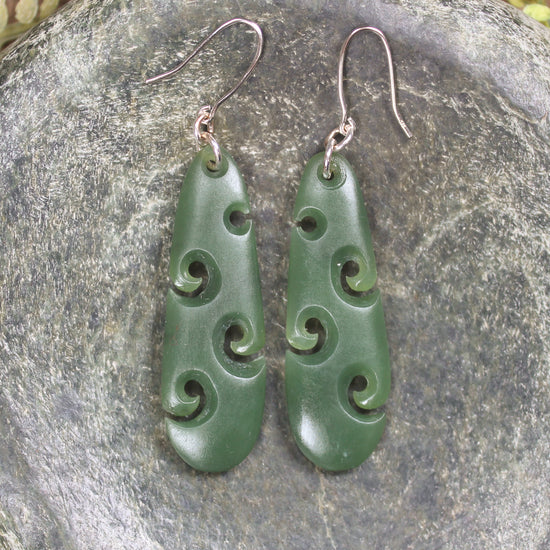 Roimata with Koru earrings carved from Hapopo Pounamu - NZ Greenstone