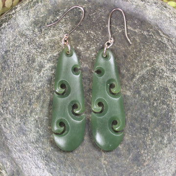 Roimata with Koru earrings carved from Hapopo Pounamu - NZ Greenstone