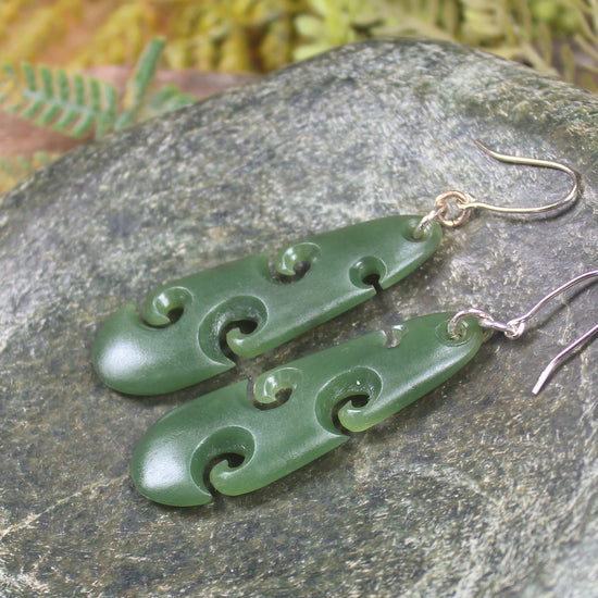 Roimata with Koru earrings carved from Hapopo Pounamu - NZ Greenstone