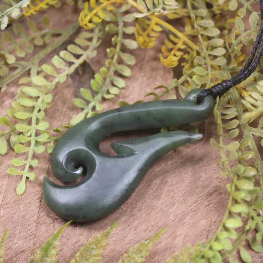 Hei Matau or Fish Hook carved from Hapopo Pounamu - NZ Greenstone