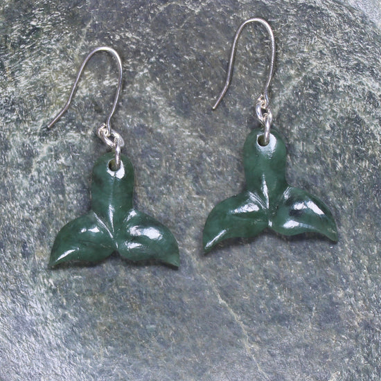 Whale Tail Earrings carved from Rimu Pounamu - NZ Greenstone