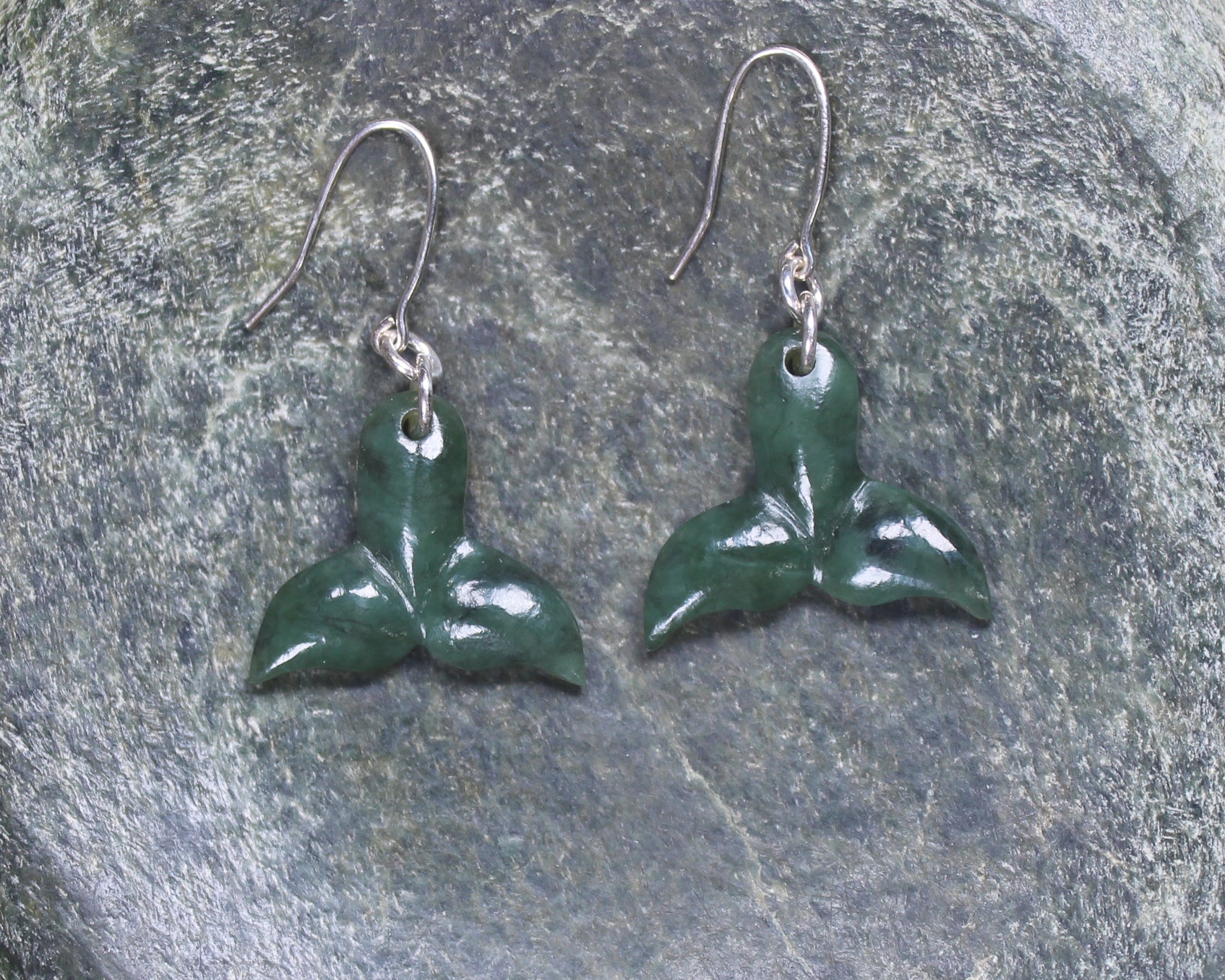 Whale Tail Earrings carved from Rimu Pounamu - NZ Greenstone