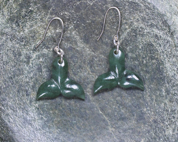 Whale Tail Earrings carved from Rimu Pounamu - NZ Greenstone