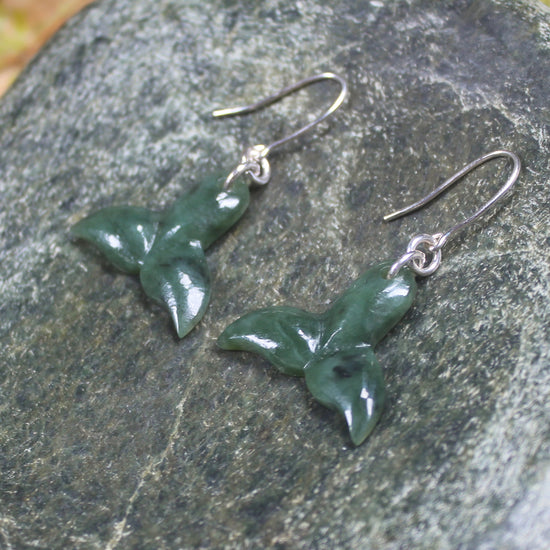 Whale Tail Earrings carved from Rimu Pounamu - NZ Greenstone