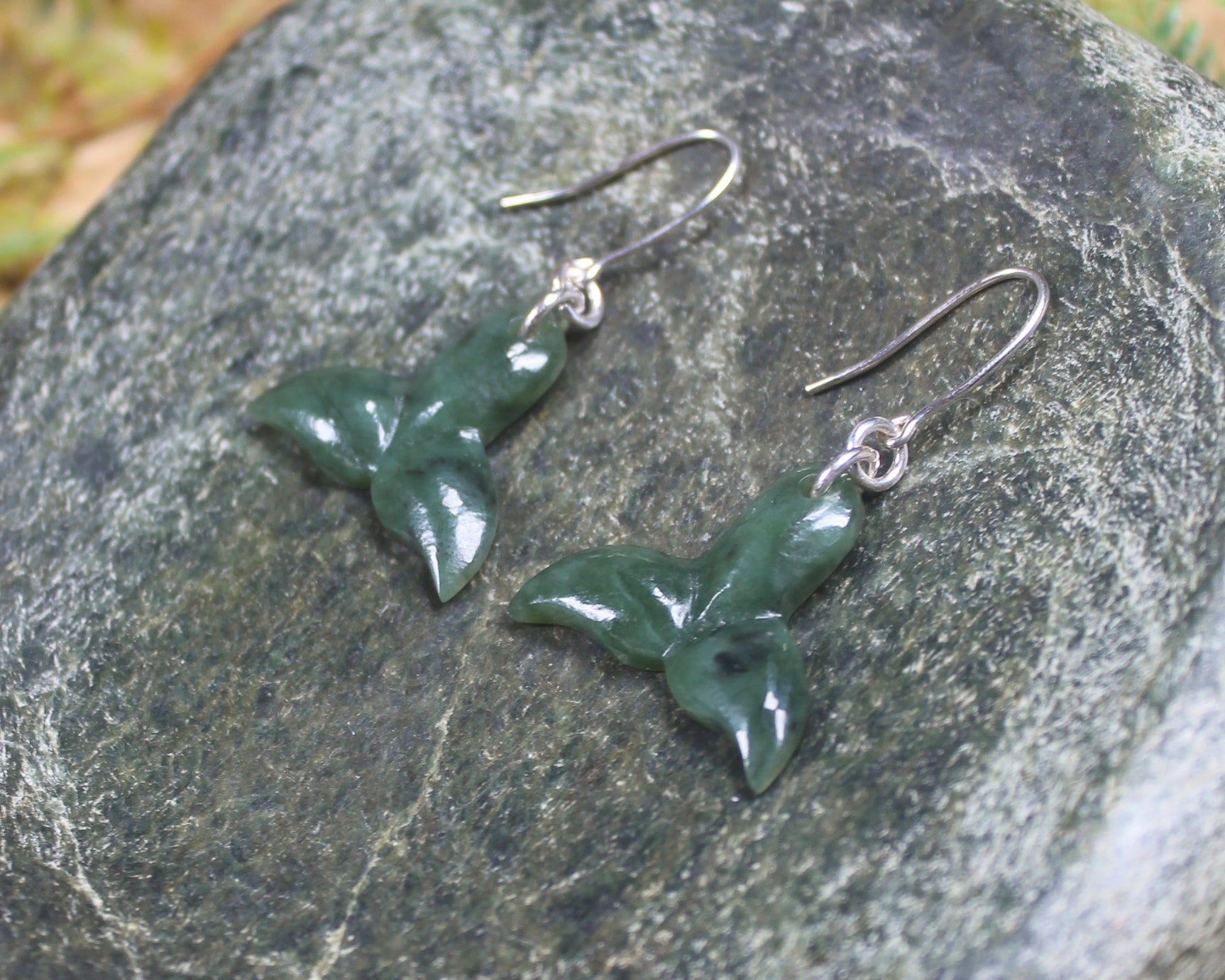 Whale Tail Earrings carved from Rimu Pounamu - NZ Greenstone