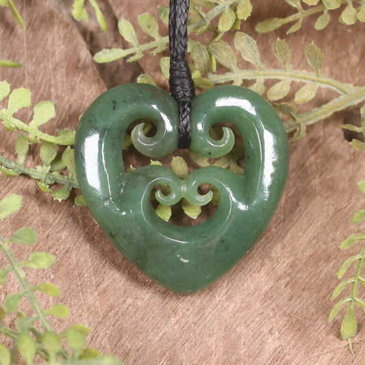 Heart with Koru carved from Hapopo Pounamu - NZ Greenstone